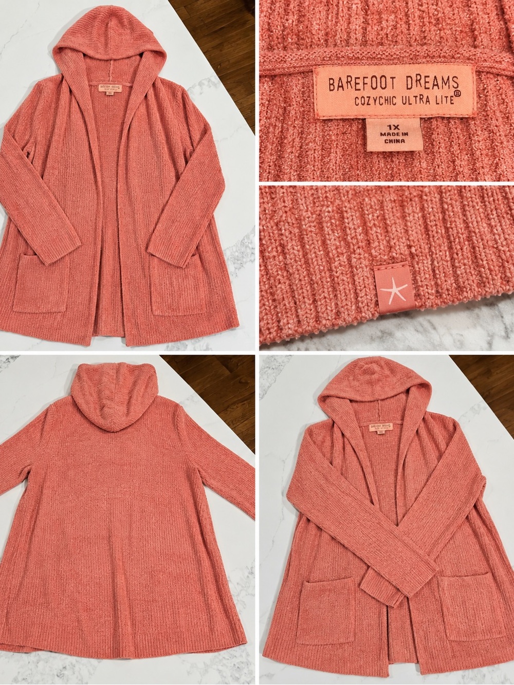 Barefoot Dreams CozyChic Ultra Lite Hooded Cardigan 1X Coral